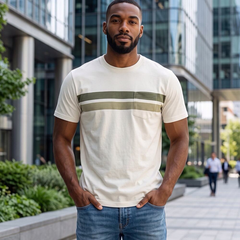NWT Cactus Man Crew Neck T Shirt Front Patch Pocket Cream With Green Stripe Med